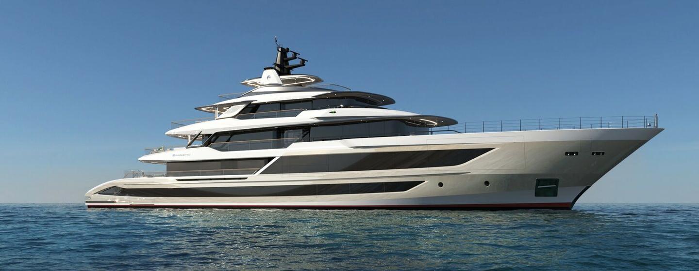 Third T60 superyacht at anchor side profile