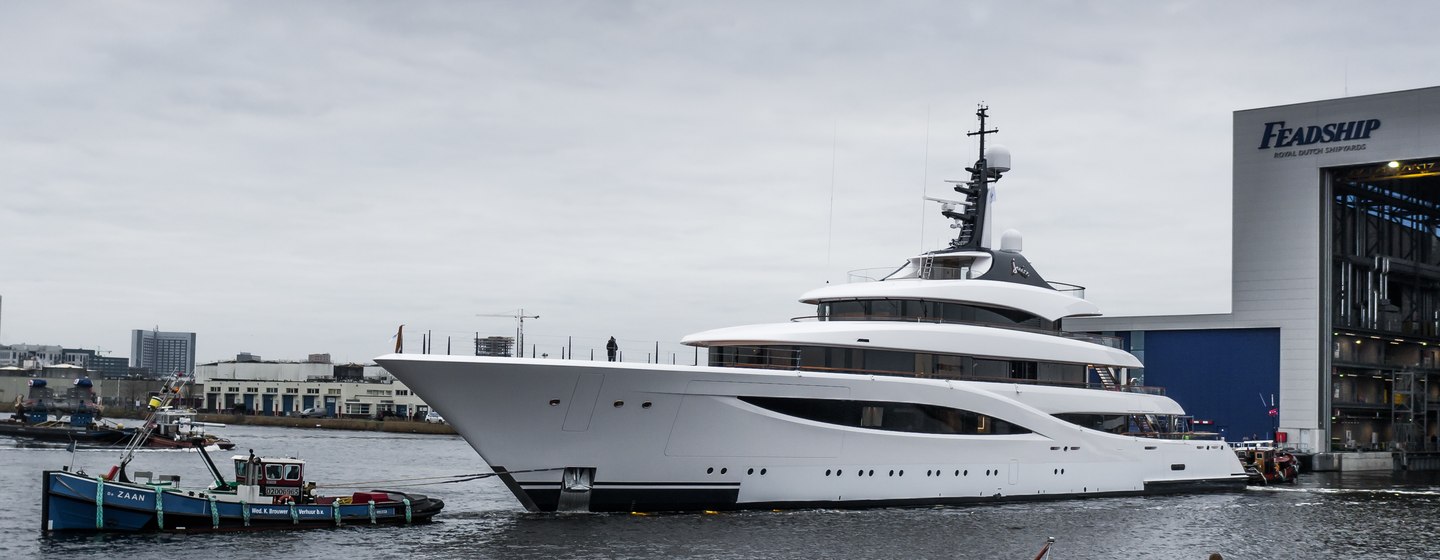 Feadship superyacht JUICE coming out of construction shed