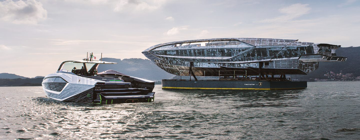 Tecnomar for Lamborghini 101 under construction in the middle of the sea next to Tecnomar for Lamborghini 63