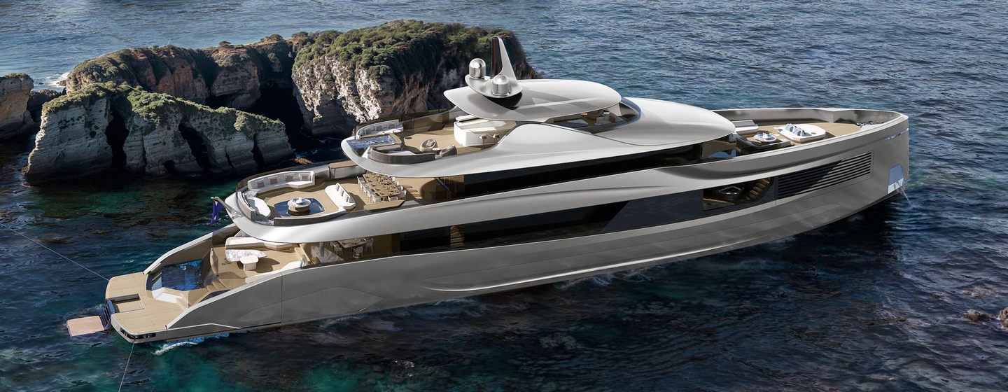 Rendering of RMK LIVIA 50 superyacht docked by coves