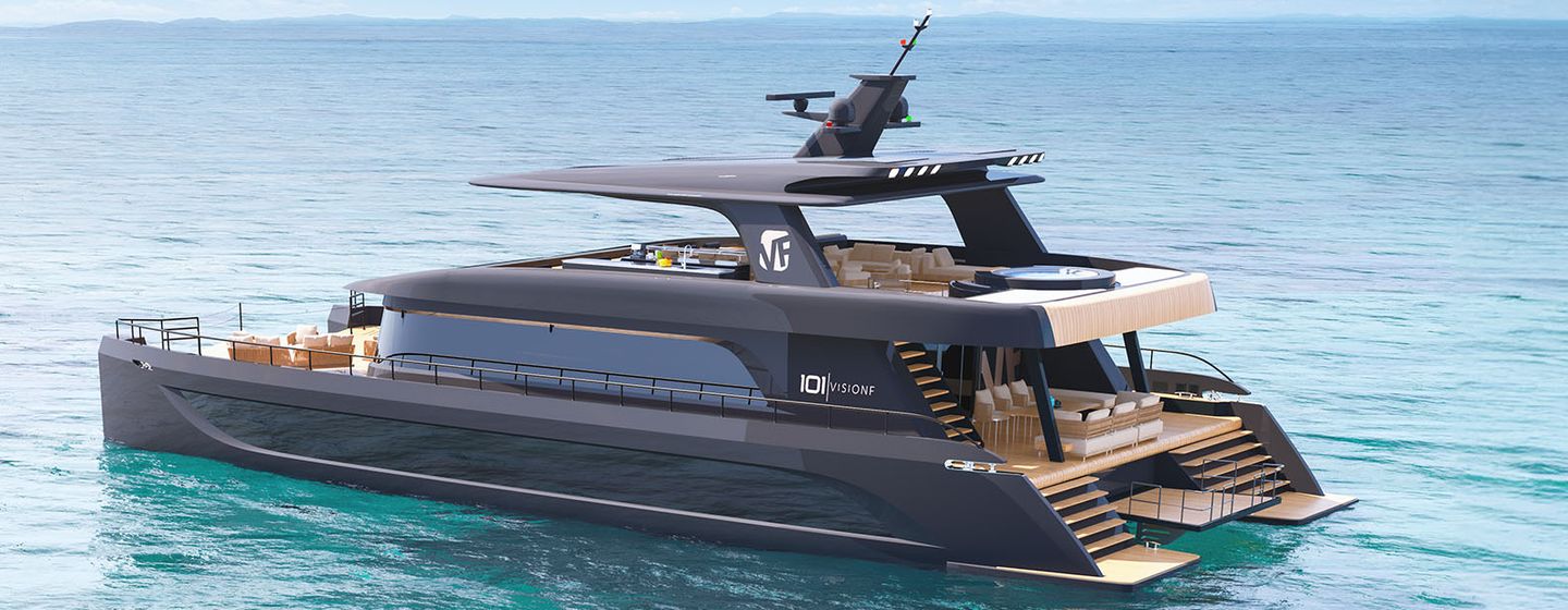 Rendering of VisionF 101 catamaran at anchor