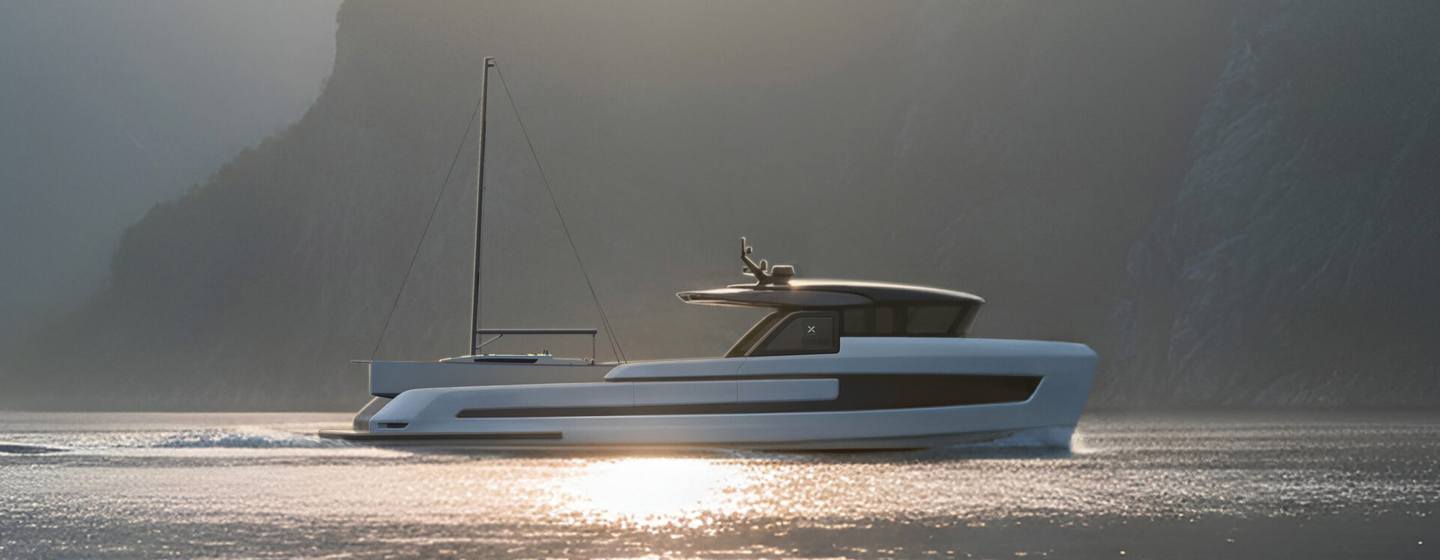 Rendering of Extra Yachts X70 Shadow yacht under way 