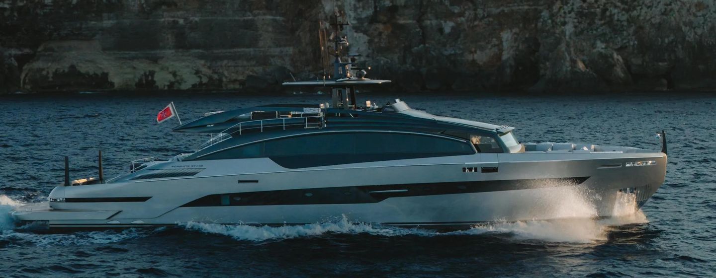 Pershing motor yacht Byeee... underway side view 