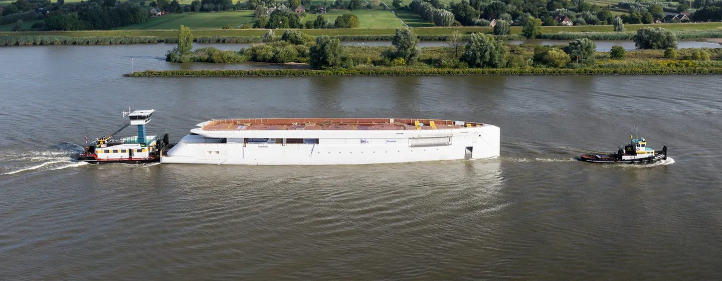 Feadship Project 832 Superyacht Hull being transported in the Netherlands