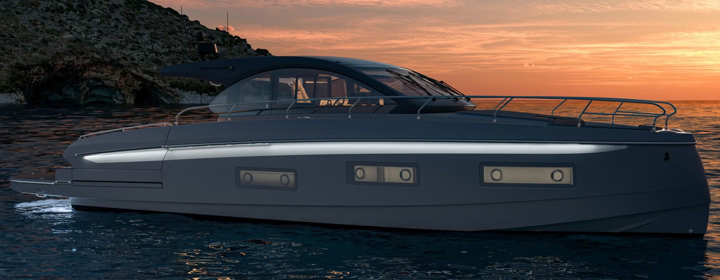Motor yacht Beneteau Gran Turismo 50 at anchor at sunset