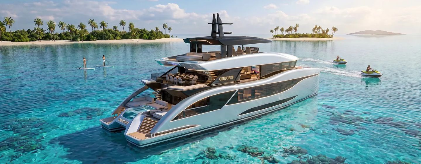 Crescent Custom Yachts First CCY110 superyacht at anchor stern view 