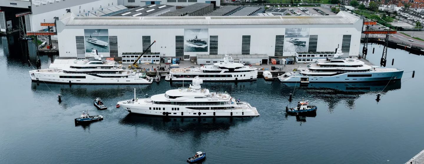 Amels 242 Superyacht Synthesis outside Damen Yachting refit facility with other yachts 