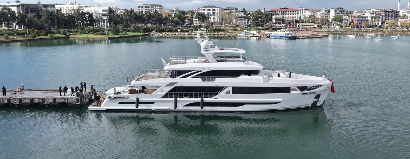 Bering 121 Explorer Yacht Familia at relaunch after refit 
