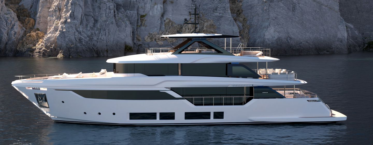 Custom Line Navetta 35 motor yacht at anchor side view 