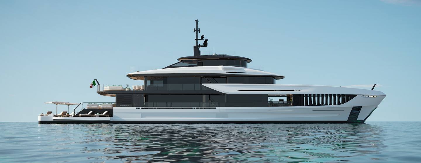 Rendering of Mangusta Oceano 52 superyacht at anchor 