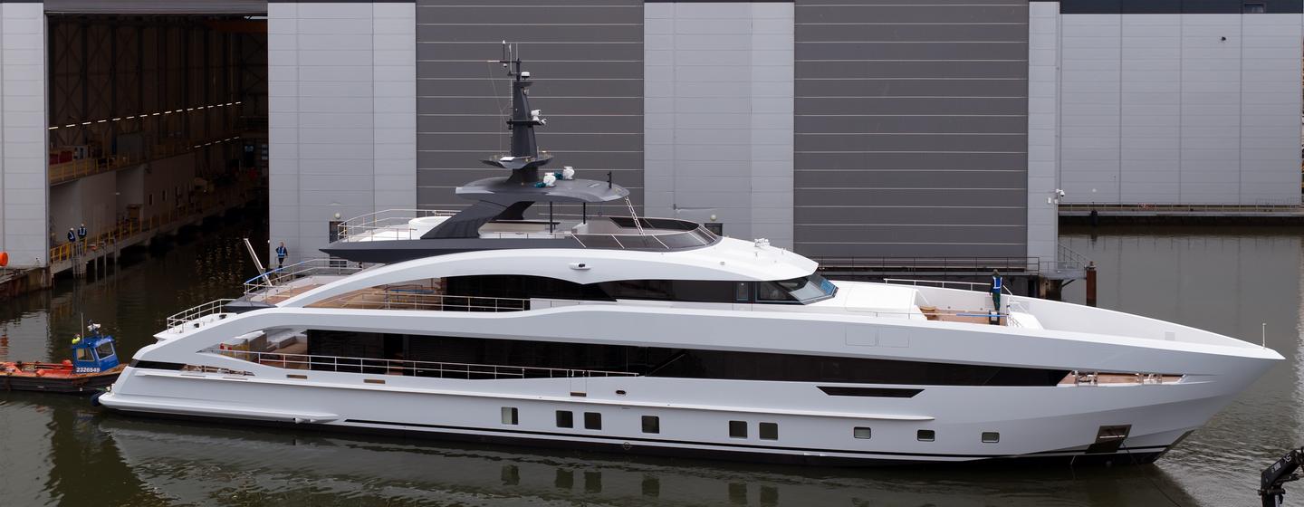 Heesen superyacht Project Sophia preparing for sea trials at anchor 