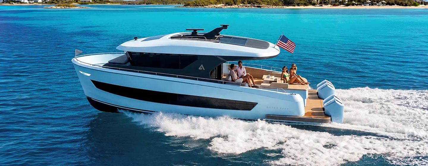 Rendering of Outer Reefs 540 Adventure Sport motor yacht under way 