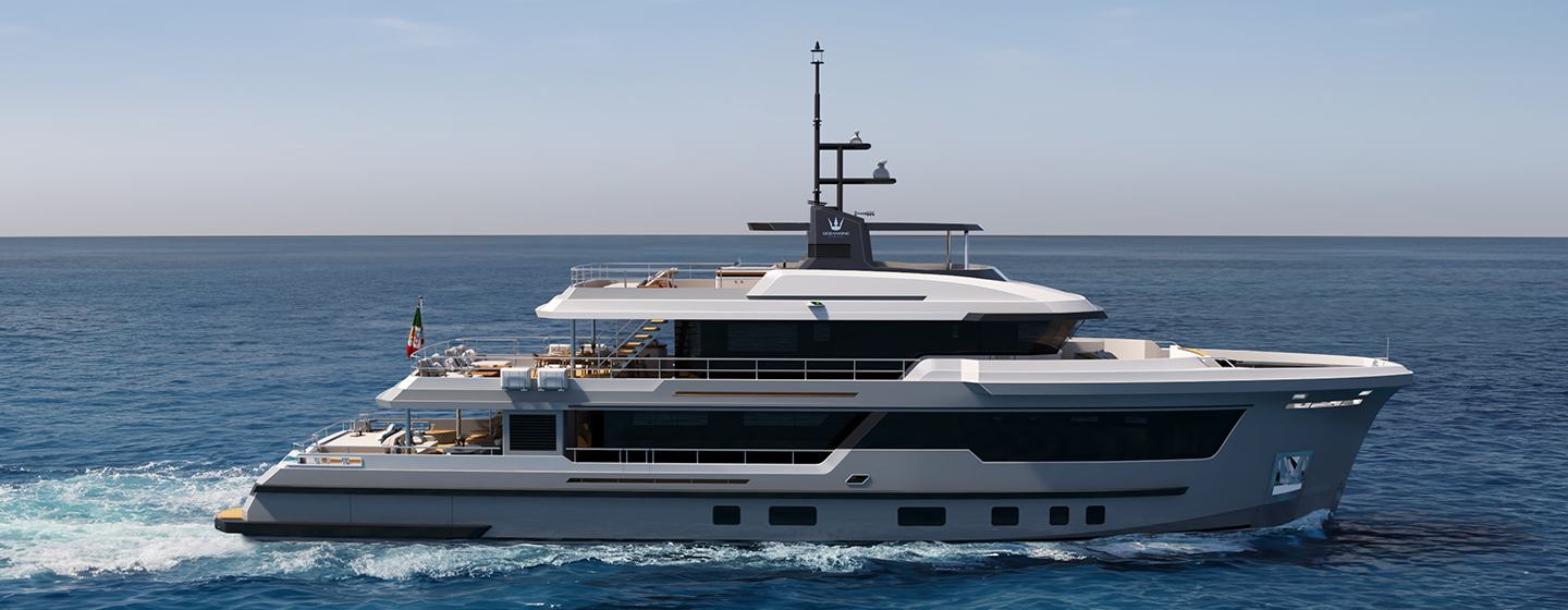 Rendering of Ocean King Explorer 34M explorer yacht under way 