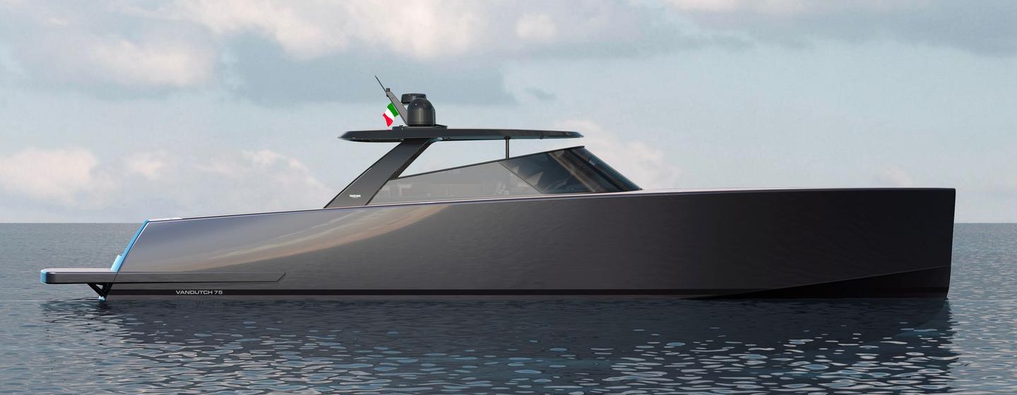 Rendering of VanDutch 75 motor yacht at anchr 