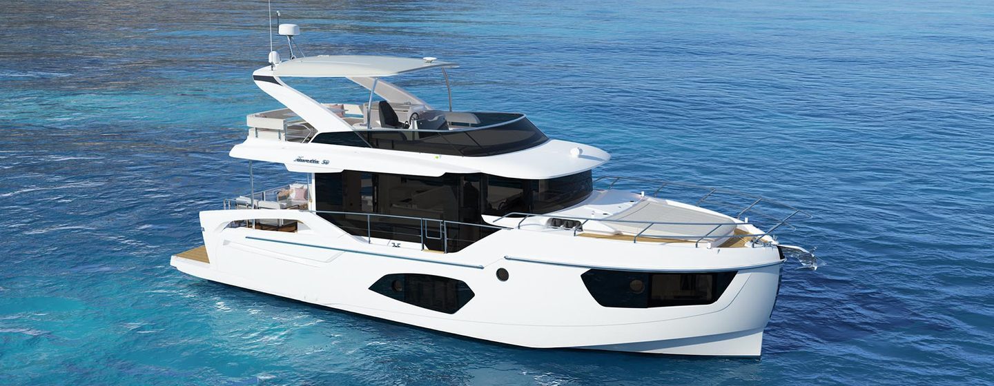 Absolute Navetta 50 motor yacht at anchor side view