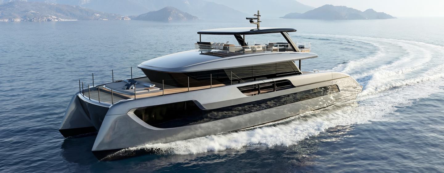 Rendering of Sunreef Ultima 88 Catamaran under way 