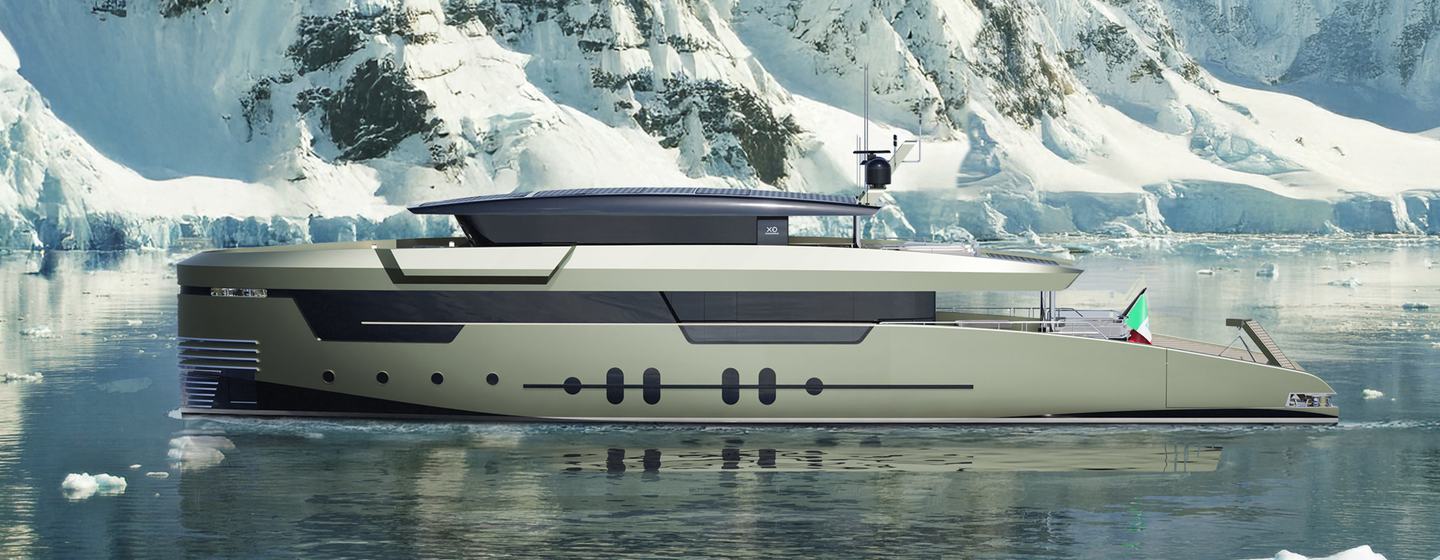 Rendering of GX Superyachts GX38 Voyager explorer yacht under way through snowy mountains 