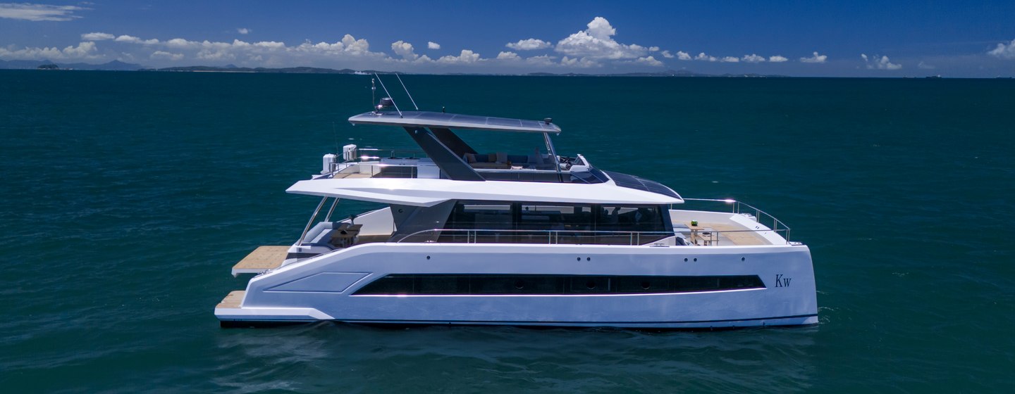 Rendering of Revolution Marine Group Oceanwalker S60e catamaran at anchor 