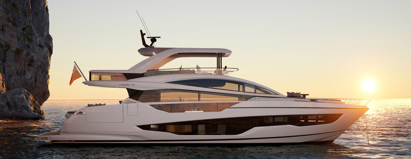 Pearl Yachts Pearl 73 motor yacht at anchor side view 