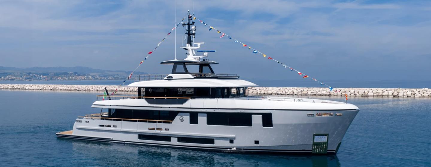 Cantiere delle Marche motor yacht Octopus at anchor side view 