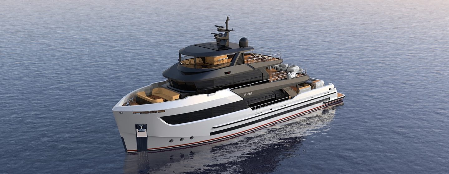 A render of the bow and port-side of the Bering 105