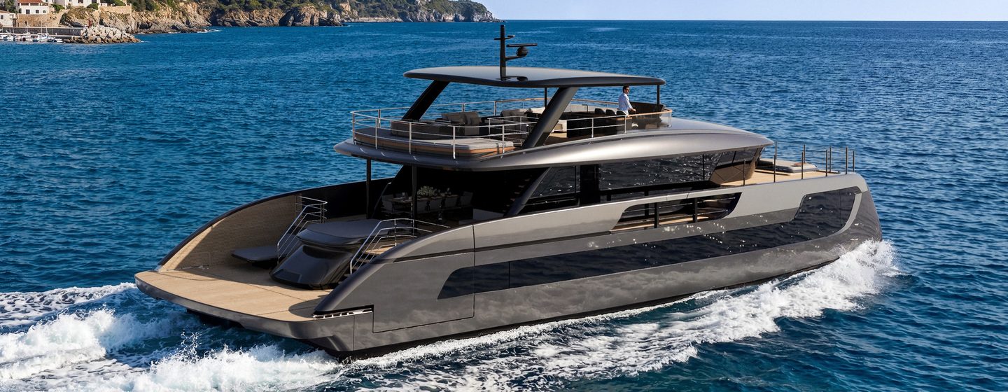 Rendering of Sunreef Ultima 88 Catamaran under way 