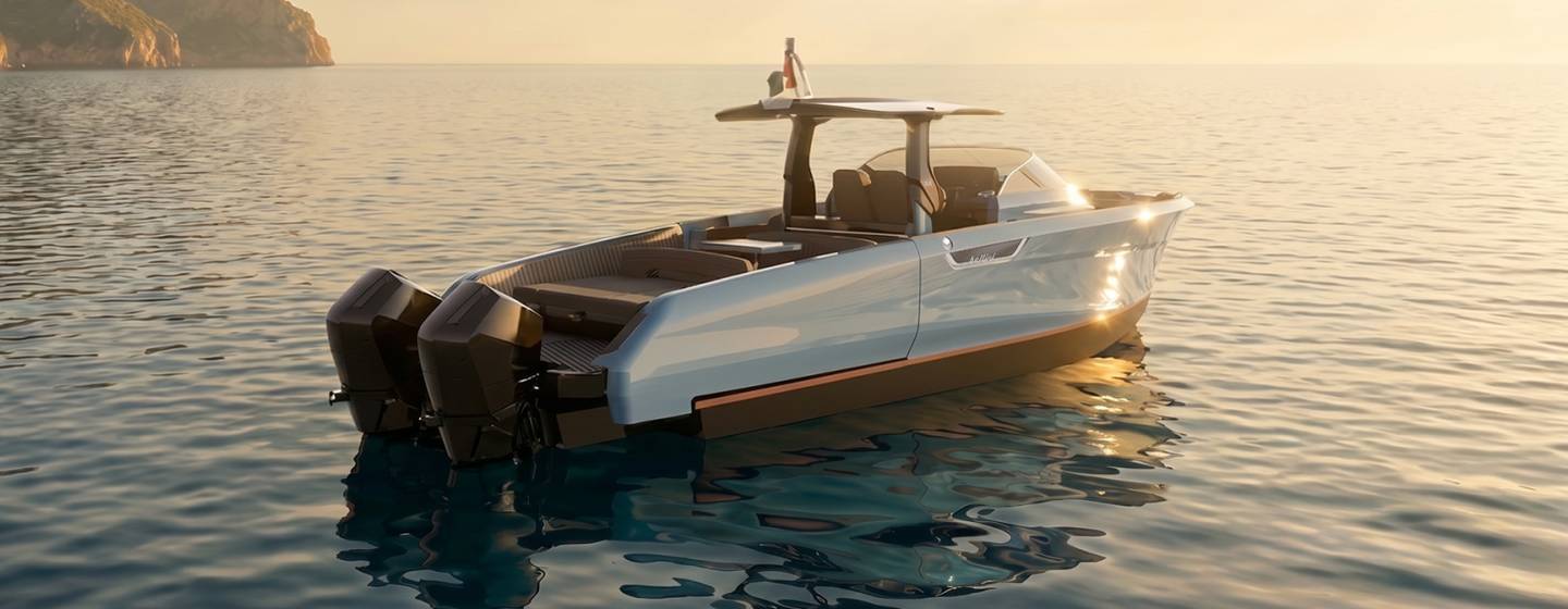 Rendering of Bellini Astor 38 OTB motor yacht at anchor 