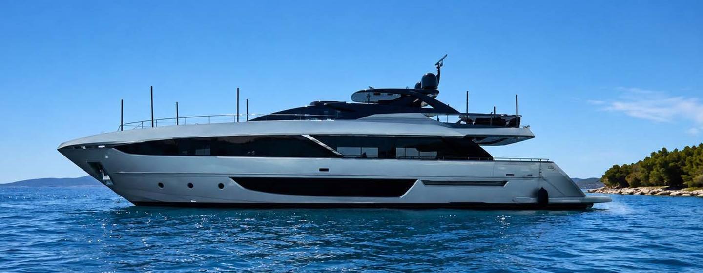 Riva motor yacht No Stress 888 at anchor side view 