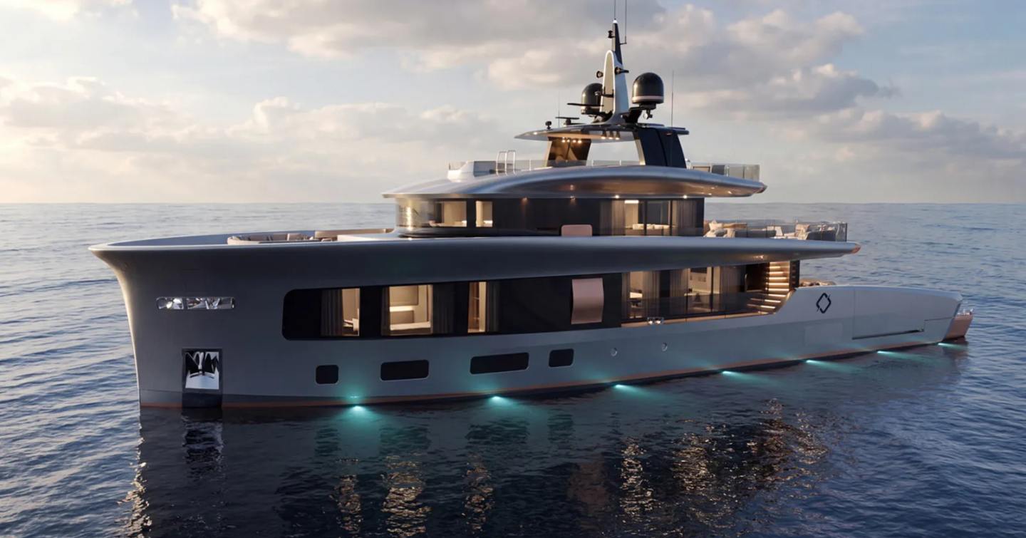 Rendering of Tecnomarine TM40 superyacht at anchor with underwater lights 