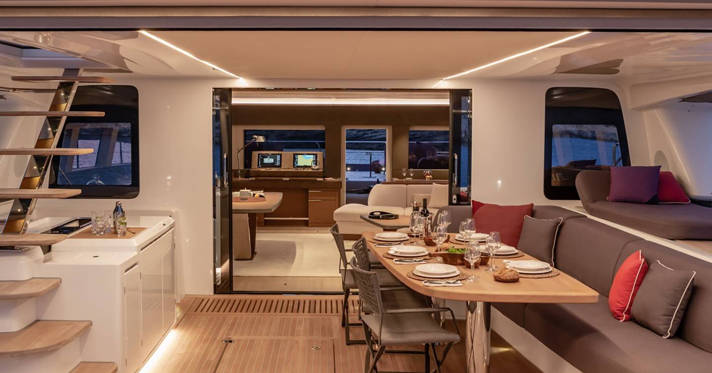 dining area of Lagoon Sixty7 power catamaran