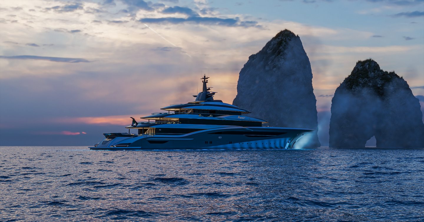 Rendering of ISA Amarcord 82 superyacht at anchor 