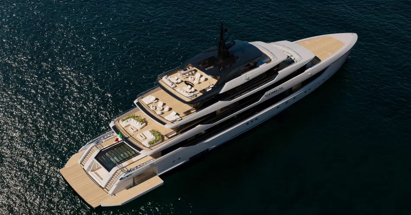 Aerial view of Rendering of Sanlorenzo 74Steel Superyacht Virtuosity  at anchor 