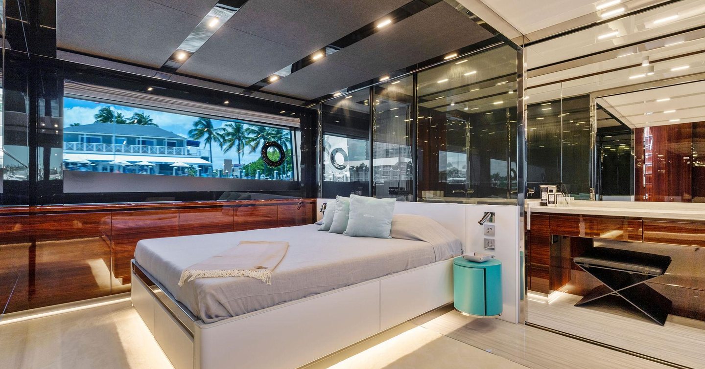Riva motor yacht Tango Whiskey master cabin with large window 