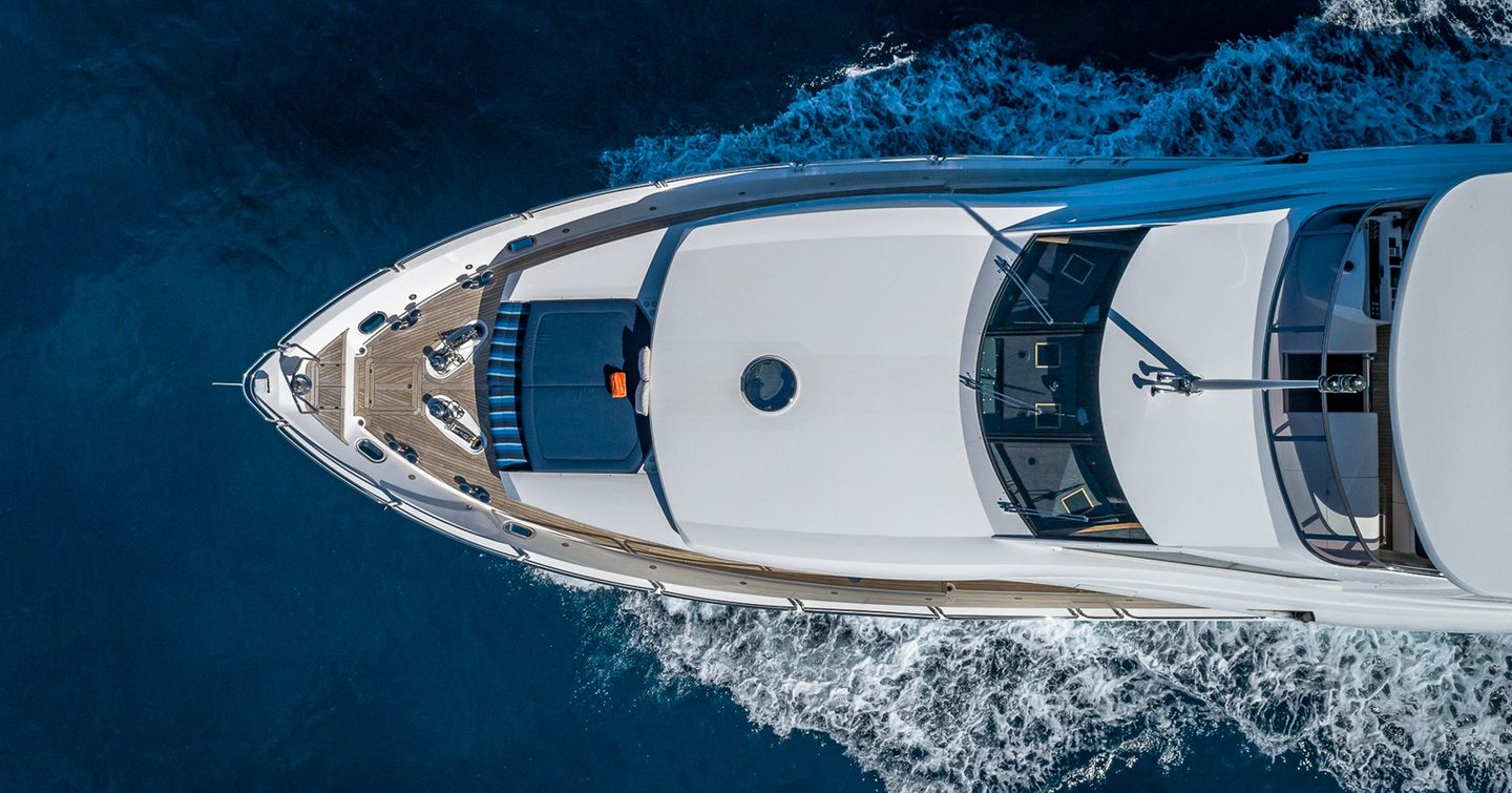 Aerial view of Superyacht Emrys foredeck under way 