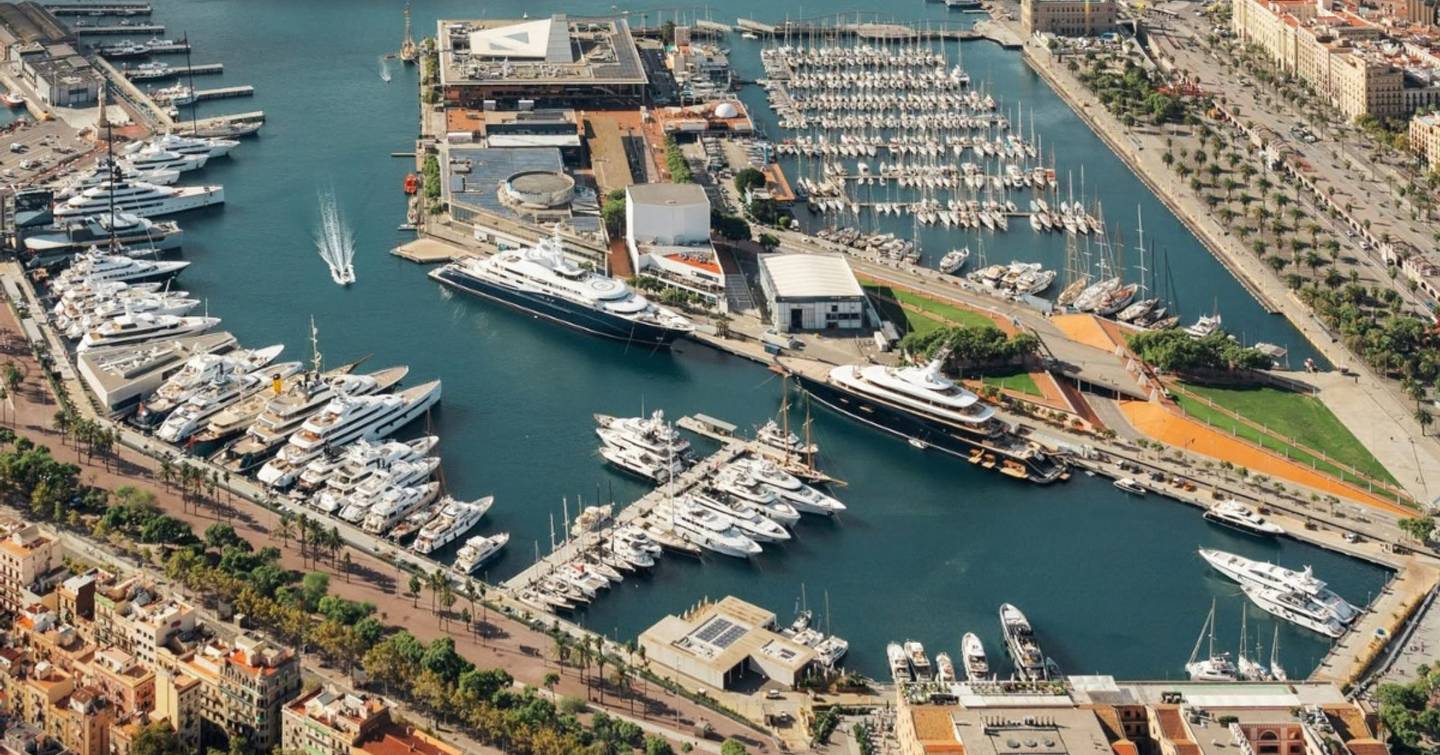 Aerial view of Marina Port Vell with yachts docked 