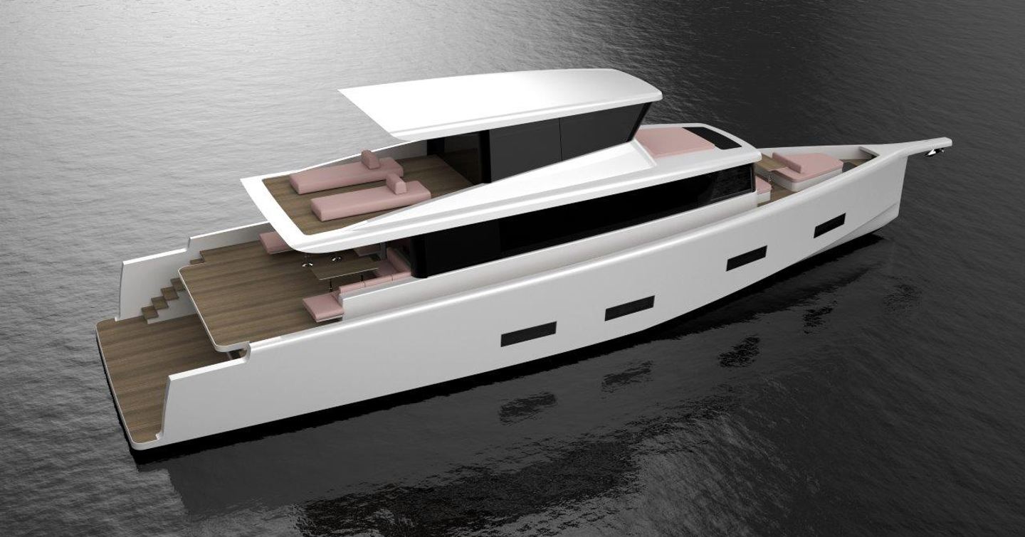 A render of the Omikron Yachts OT-80 with an enclosed flybridge design and versatile seating options spread across multiple deck areas