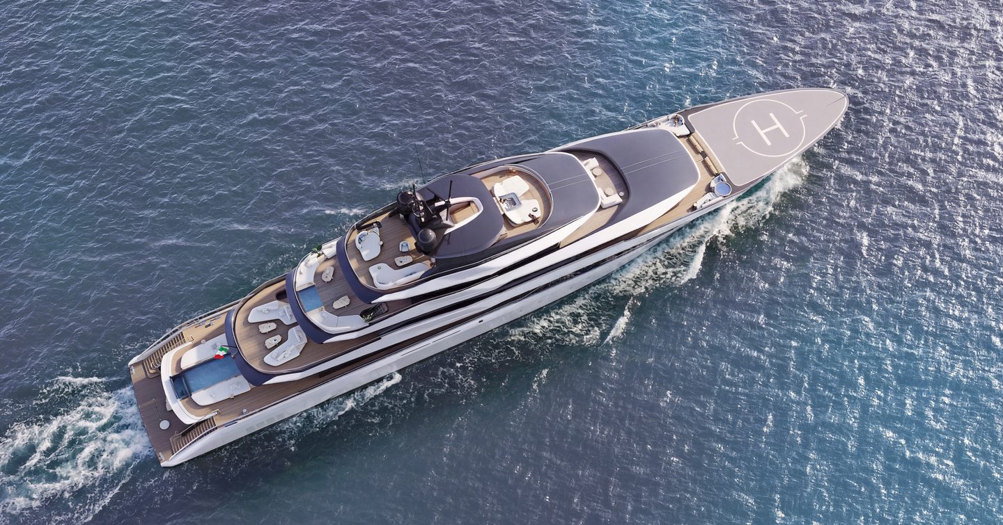 Aerial Rendering of ISA Large Yacht Collection Essence 82m superyacht under way 
