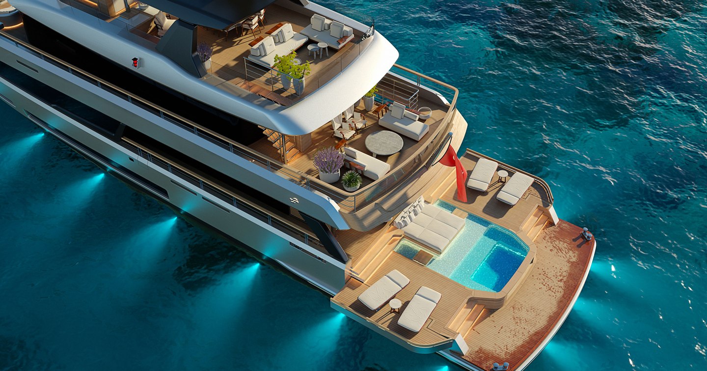 Rendering of Sirena 42M's aft with beach club and swimming pool