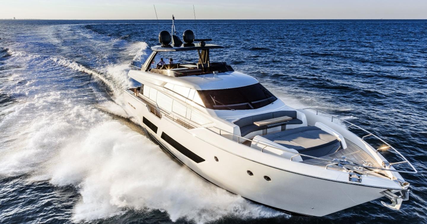 Ferretti Yachts 850 underway, surrounded by sea.