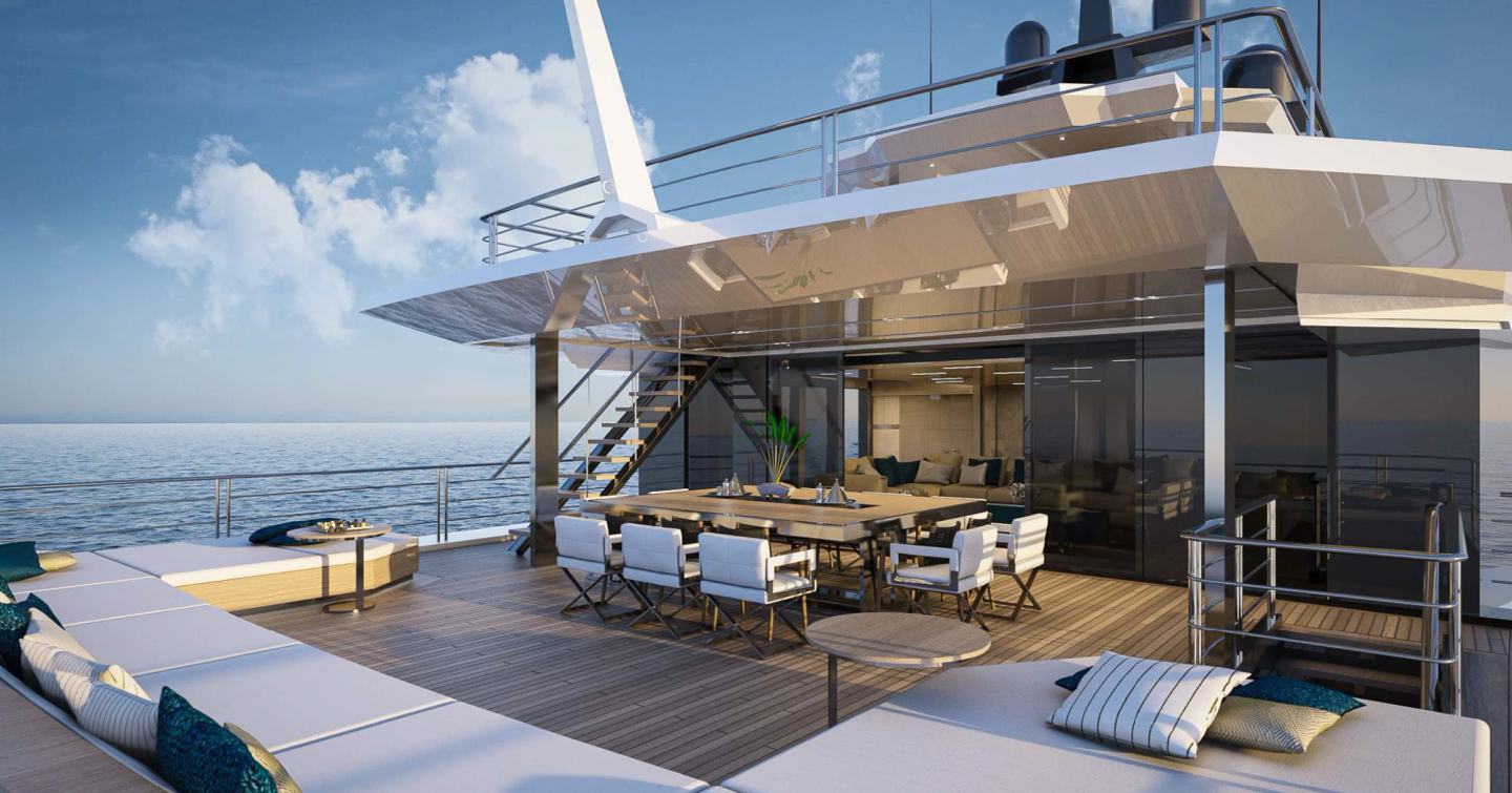 Rendering of superyacht ICE 68 upper deck alfreso dining and U-shapes sunpads
