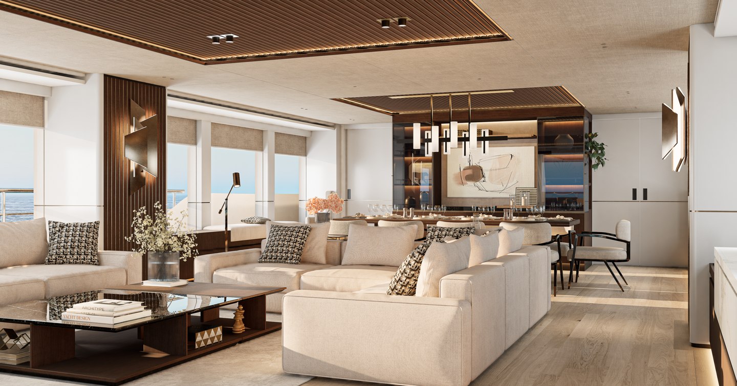 Superyacht Ingot's main saloon with cream furniture