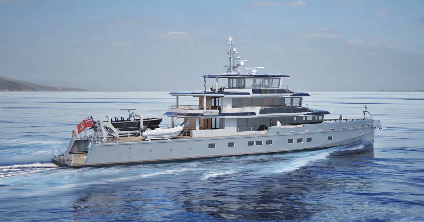 Rendering of JFA Explorer 50m superyacht under way with tenders onboard