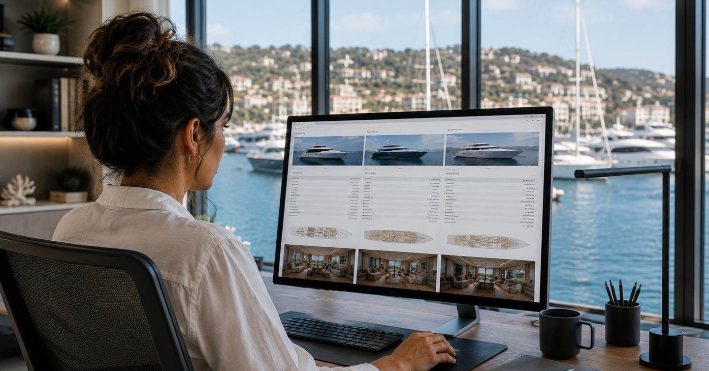 Lady sat at a desk on a computer comparing yacht listings 