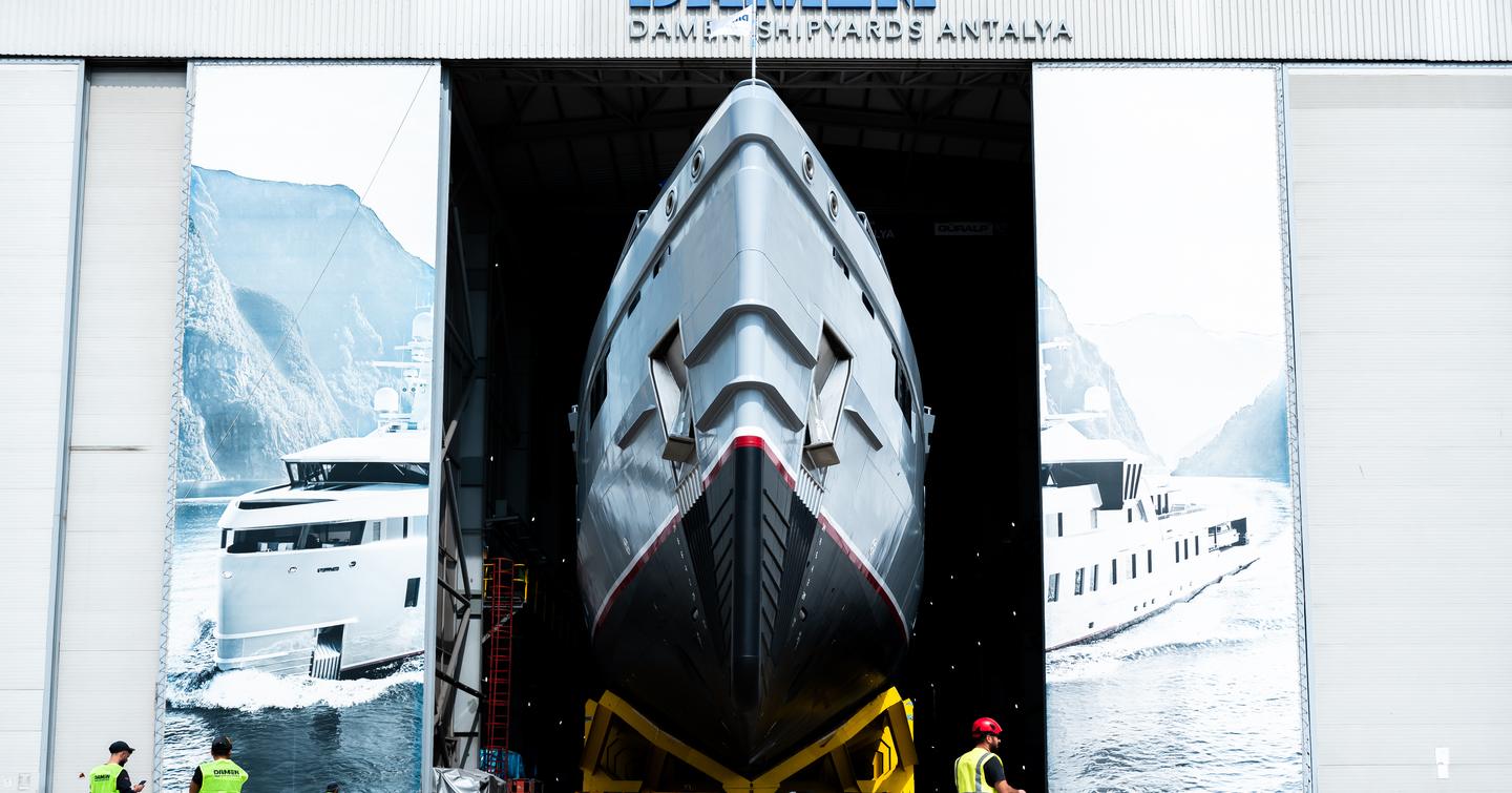 Under shot of Damen YS 53 support vessel Rafter bow leaving Damen Yachting shipyard 