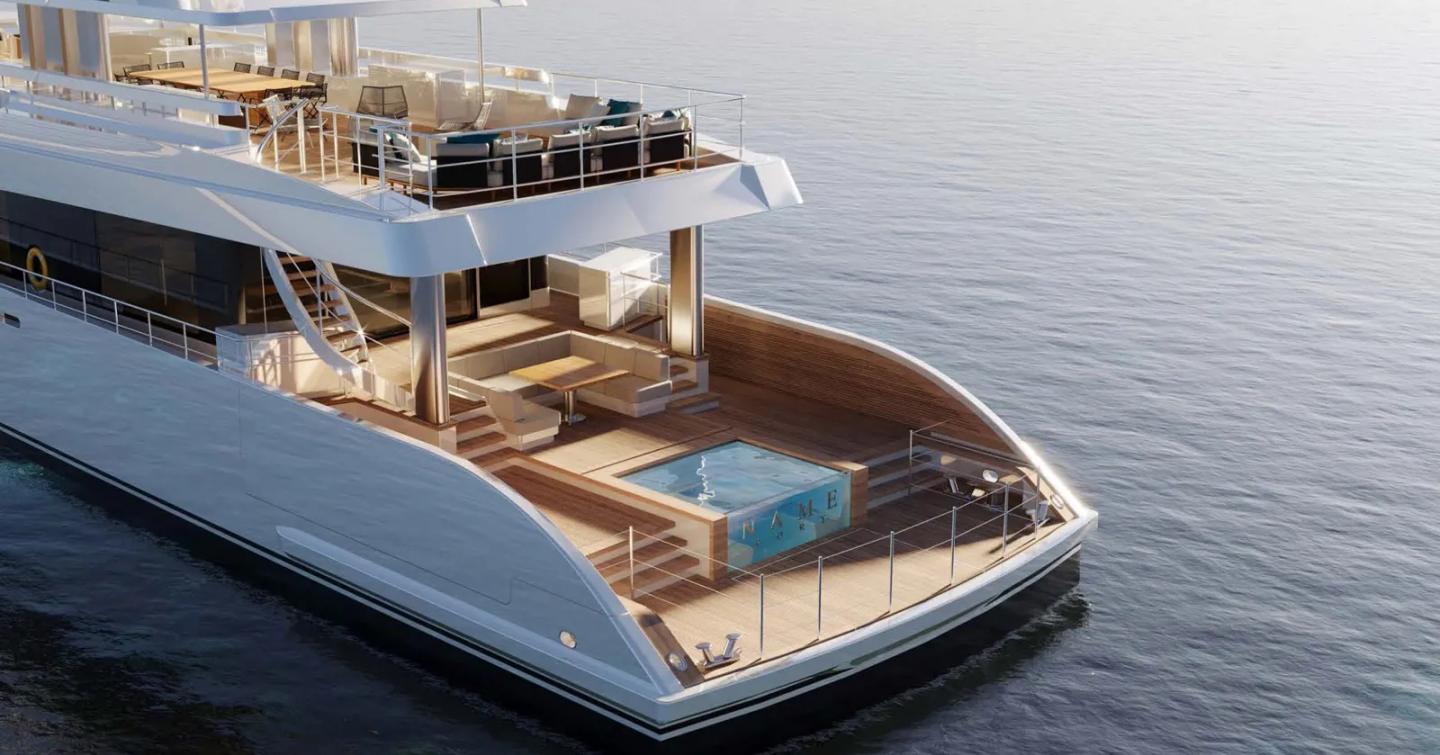 Rendering of superyacht Project Fun's aft with jacuzzi and U-shaped sofa