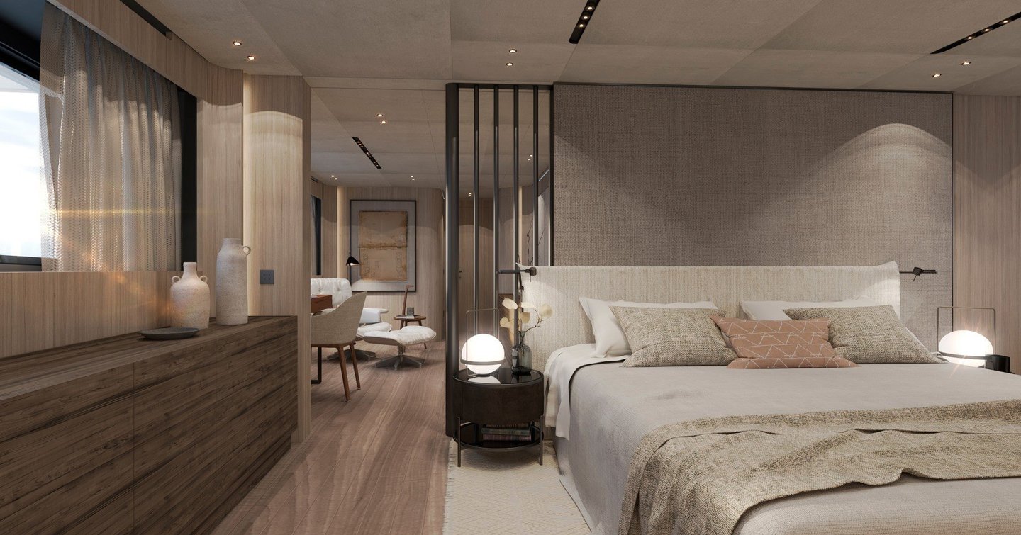 Rendering of Sanlorenzo SD132 motor yacht master cabin 
