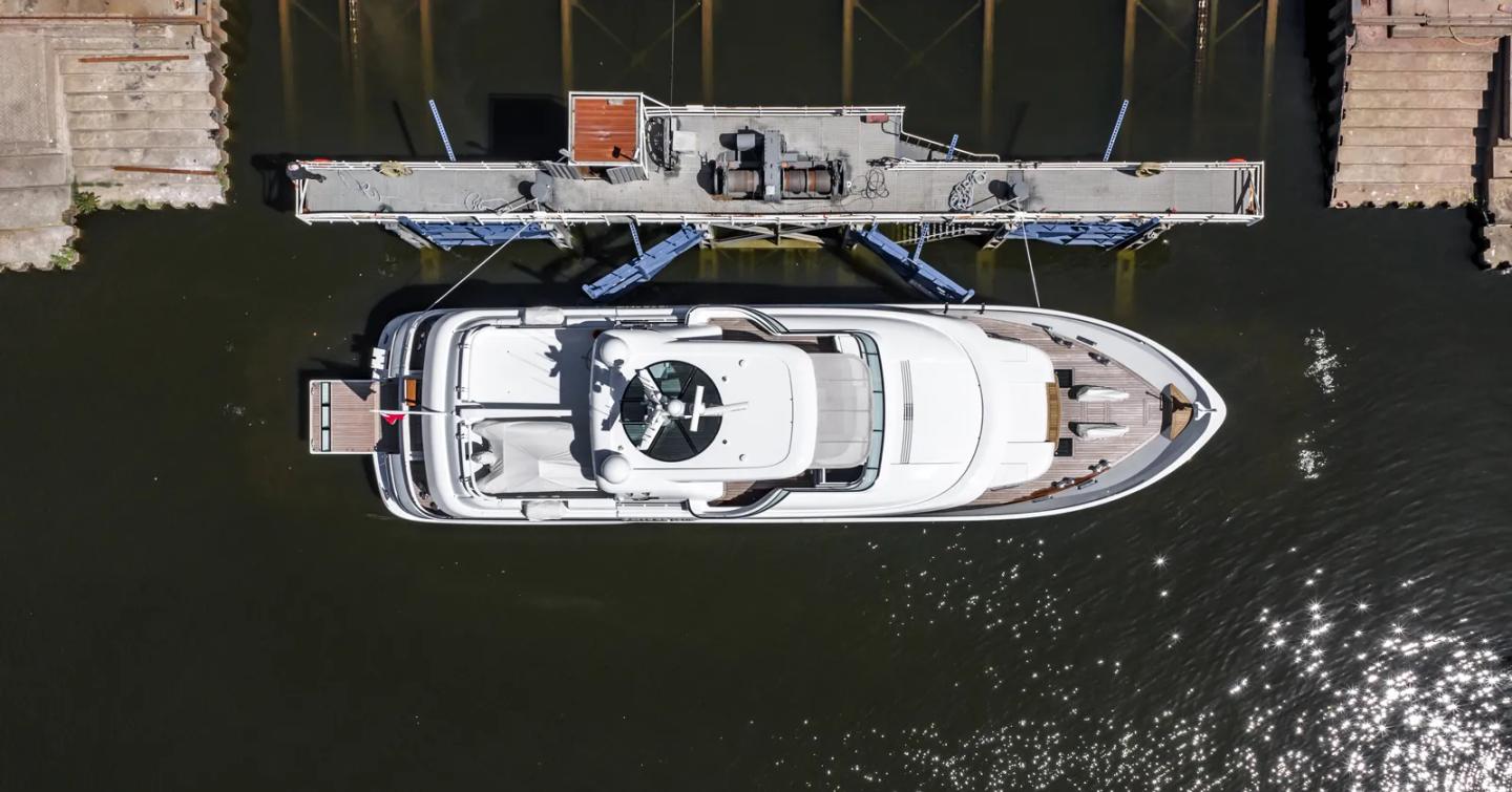 Aerial view of Superyacht Belle de Jour post refit at launch docked