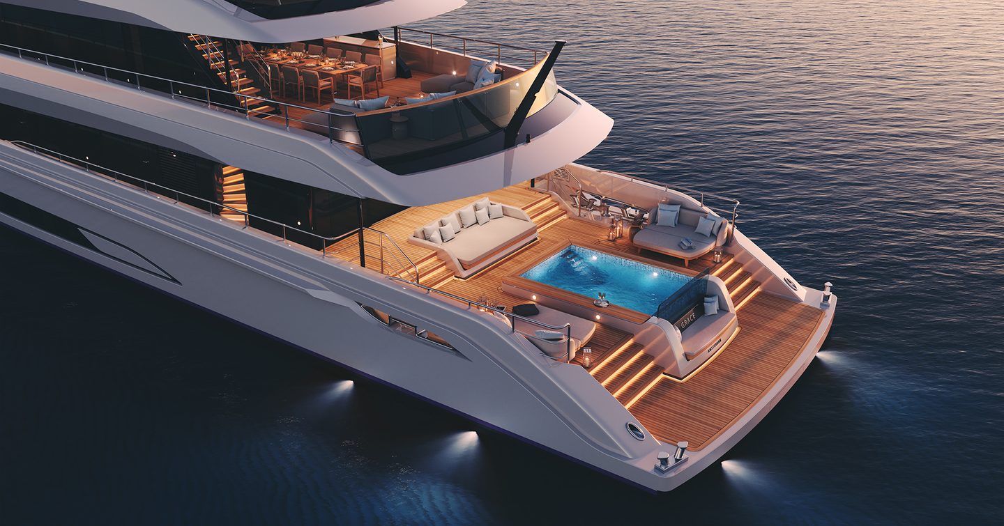 Aft deck on motor yacht Project Grace, with illuminated infinity pool