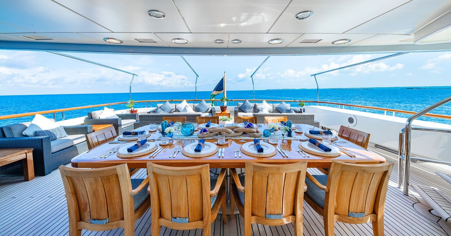 Aft deck dining area on motor yacht Nita K II with dining for eight and a lounging area 