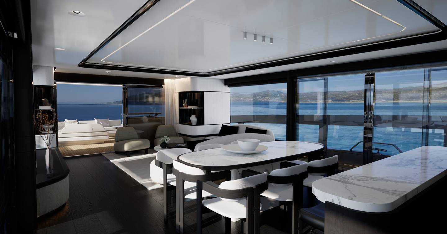Rendering of Pearl 100 Hybrid Motor Yacht salon dining area 